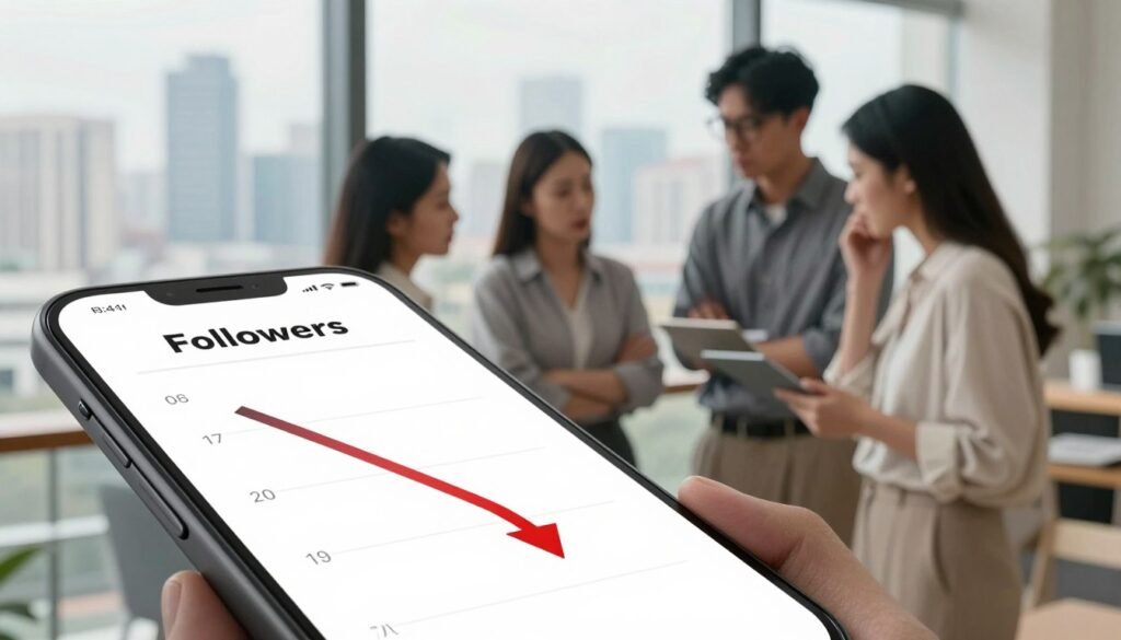 A visually striking representation of the impact of follower loss on a brand, set in a digital landscape. In the foreground, a smartphone screen displays a dramatic drop in follower count, with numbers visibly declining. In the middle ground, business professionals in modest casual attire gather around, looking concerned and discussing strategies. The background features a blurred city skyline, symbolizing the vast online market. Soft, natural lighting creates a somber yet hopeful atmosphere, suggesting the urgency of recovery efforts. The focus is on the emotions of the professionals, conveying tension and determination, captured with a slightly low-angle perspective to emphasize their engagement with the issue. A visually striking representation of the impact of follower loss on a brand, set in a digital landscape. In the foreground, a smartphone screen displays a dramatic drop in follower count, with numbers visibly declining. In the middle ground, business professionals in modest casual attire gather around, looking concerned and discussing strategies. The background features a blurred city skyline, symbolizing the vast online market. Soft, natural lighting creates a somber yet hopeful atmosphere, suggesting the urgency of recovery efforts. The focus is on the emotions of the professionals, conveying tension and determination, captured with a slightly low-angle perspective to emphasize their engagement with the issue.