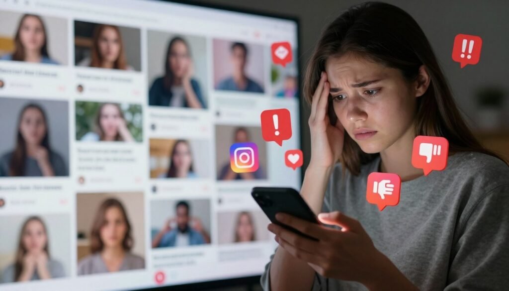 A visually striking scene illustrating the concept of "social media content mistakes" related to losing followers on Instagram. In the foreground, a distressed young adult woman is looking at her smartphone, surrounded by icons representing social media notifications, such as red exclamation marks and thumbs down. The middle layer features a blurred background of a colorful, chaotic feed of images, some showing unappealing content or erroneous posts, creating a sense of confusion. Soft, dim lighting adds to the mood of frustration and disappointment, while a shallow depth of field keeps the focus on the woman and her phone. The composition should evoke a sense of urgency and the consequences of careless content choices. The camera angle is slightly tilted to enhance the feeling of instability. A visually striking scene illustrating the concept of "social media content mistakes" related to losing followers on Instagram. In the foreground, a distressed young adult woman is looking at her smartphone, surrounded by icons representing social media notifications, such as red exclamation marks and thumbs down. The middle layer features a blurred background of a colorful, chaotic feed of images, some showing unappealing content or erroneous posts, creating a sense of confusion. Soft, dim lighting adds to the mood of frustration and disappointment, while a shallow depth of field keeps the focus on the woman and her phone. The composition should evoke a sense of urgency and the consequences of careless content choices. The camera angle is slightly tilted to enhance the feeling of instability.