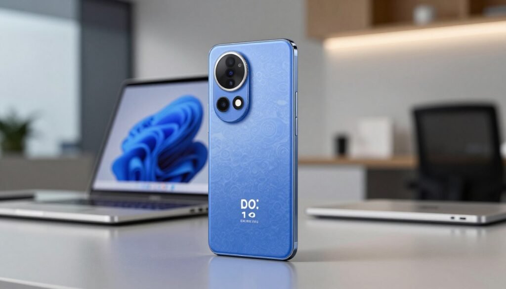 A sleek, premium Huawei Nova 12 smartphone displayed prominently in the foreground, showcasing its elegant design with a glossy finish and vibrant color options. In the middle ground, a blurred laptop and tablet, symbolizing productivity and technology, hinting at the device's performance capabilities. The background features a stylish and modern office setting with soft, diffused lighting to create a professional atmosphere. Include a faint reflection of the phone on a polished desk surface, enhancing depth. The angle should capture the device at a slightly elevated perspective, emphasizing its screen and camera features. The overall mood is sophisticated and high-tech, highlighting efficiency and performance without any distractions.