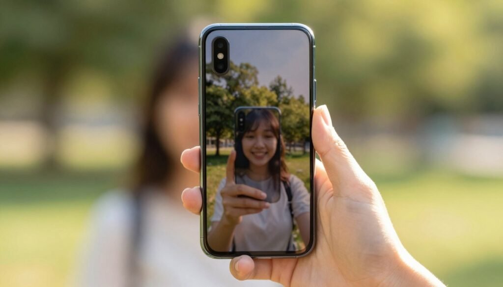 A sleek smartphone with a clear front camera, perfectly positioned for selfies and vlogging, takes center stage. The smartphone displays a glossy finish with subtle reflections of light emphasizing its modern design. In the foreground, a hand gently holds the smartphone, showcasing its ergonomic form. The selfie camera is focused and detailed, emphasizing its capabilities for high-quality images. In the middle ground, a blurred background reveals a vibrant outdoor setting with soft bokeh, enhancing the focus on the smartphone. Natural sunlight bathes the scene, creating a warm, inviting atmosphere, ideal for capturing joyful moments. The mood is lively and engaging, suited for social media content creation, and the overall composition conveys a sense of innovation and creativity in mobile photography.