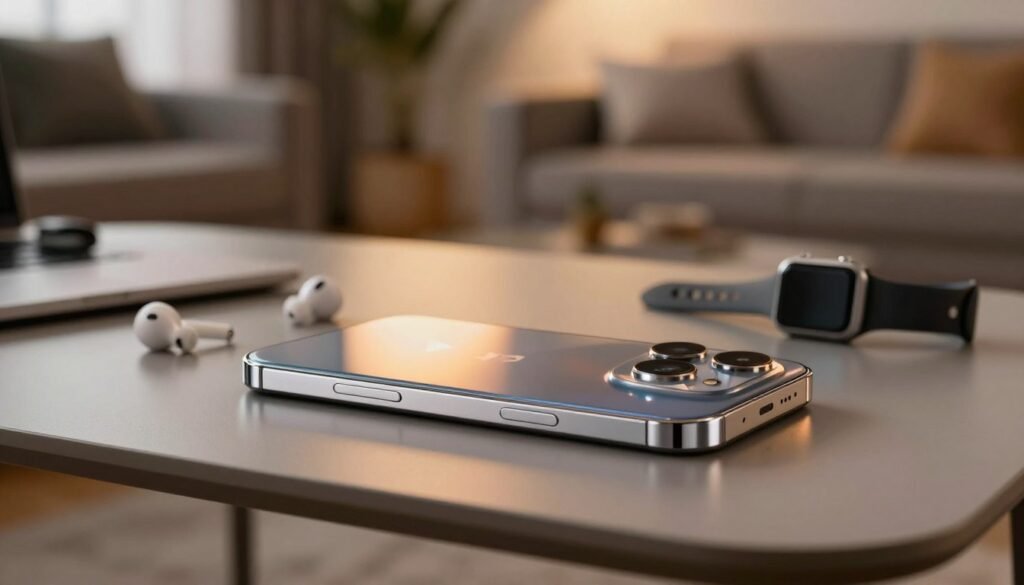 A stunning smartphone, showcasing its additional features like an advanced camera system and unique design elements, placed on a sleek, modern table. In the foreground, focus on the smartphone with a gleaming finish, capturing reflections of ambient light. The middle layer includes subtle tech gadgets and accessories, such as wireless earbuds and a smartwatch, to convey a sophisticated lifestyle. In the background, a softly blurred contemporary living space with stylish decor enhances the mood of innovation and modernity. The lighting is warm and inviting, emphasizing the premium quality of the smartphone. The angle is slightly elevated, showcasing the device prominently while creating depth in the scene. Overall, the atmosphere should evoke a sense of excitement and curiosity about cutting-edge technology.